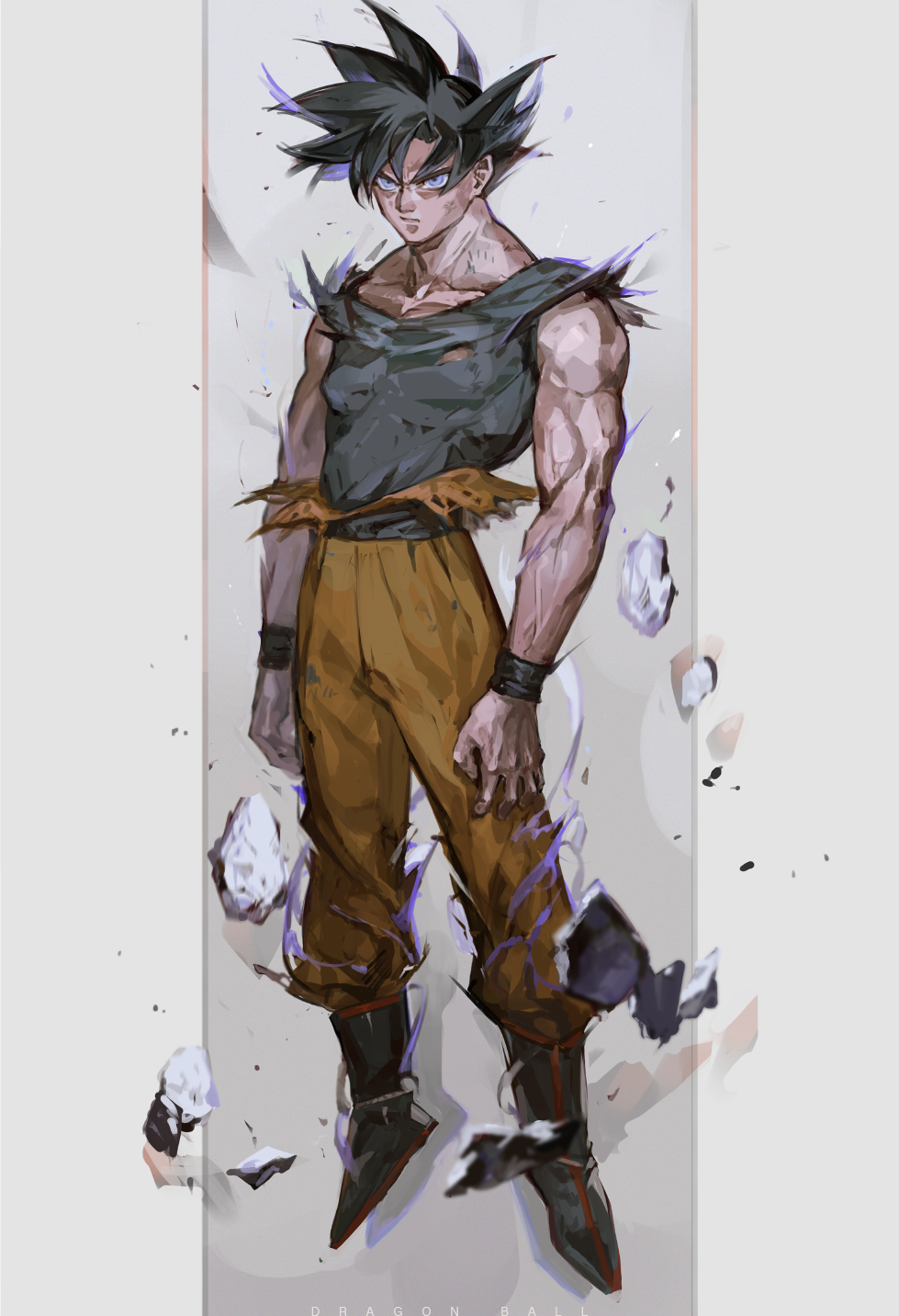 1boy black_hair copyright_name dougi dragon_ball floating full_body highres male_focus muscle nishihara_isao shirt solo son_gokuu spiky_hair torn_clothes torn_shirt violet_eyes wristband