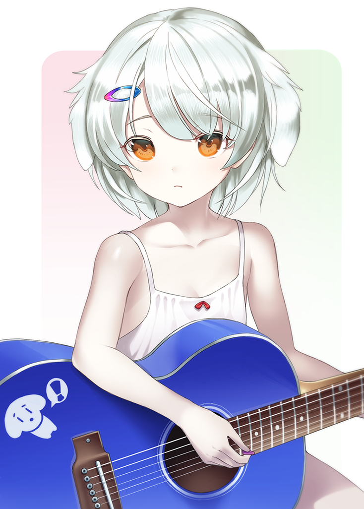 1girl allen_(xashon) animal_ears collarbone dog_ears expressionless flat_chest guitar hair_ornament hairclip instrument orange_eyes plectrum short_hair silver_hair virtual_youtuber