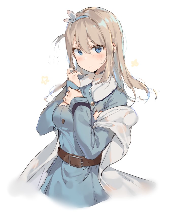 1girl belt blonde_hair blue_eyes blue_jacket blush breasts closed_mouth double-breasted fur-trimmed_jacket fur_trim girls_frontline hair_between_eyes hair_ornament hairband jacket long_sleeves looking_at_viewer medium_breasts medium_hair sabet_(young_ouo) suomi_kp31_(girls_frontline) white_background