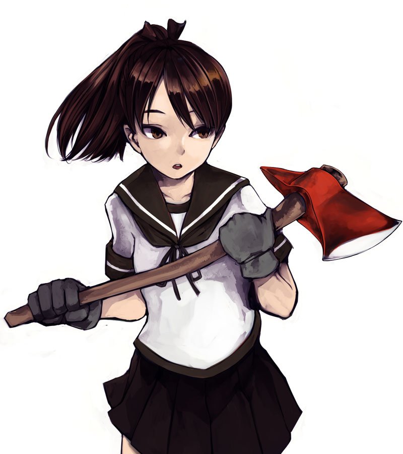 1girl brown_eyes brown_hair commentary_request fire_axe gloves holding holding_weapon kantai_collection kurou_(bcrow) open_mouth pleated_skirt ponytail ribbon sailor_collar school_uniform serafuku shikinami_(kantai_collection) skirt weapon white_background