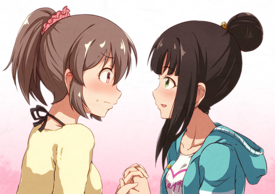 2girls :d black_hair blue_jacket blush commentary face-to-face gradient gradient_background green_eyes hair_between_eyes hair_bun hair_ornament hair_scrunchie hamaguchi_ayame hand_holding hori_yuuko idolmaster idolmaster_cinderella_girls jacket long_hair looking_at_another multiple_girls nervous nose_blush open_mouth pink_background pink_scrunchie red_eyes scrunchie shirt sidelocks smile susutaketakumi sweatdrop sweater white_background white_shirt yellow_sweater yuri