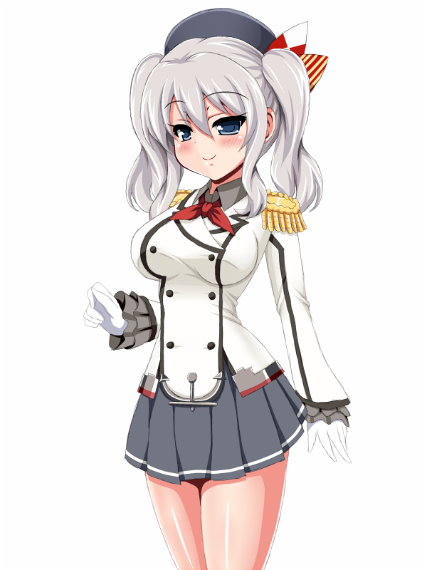 1girl blue_eyes breasts buttons cowboy_shot epaulettes gloves grey_skirt jacket kantai_collection kashima_(kantai_collection) large_breasts long_sleeves military_jacket miniskirt neckerchief pleated_skirt red_neckwear sidelocks silver_hair simple_background skirt smile solo standing tsurime twintails wavy_hair white_background white_gloves white_jacket yaeba