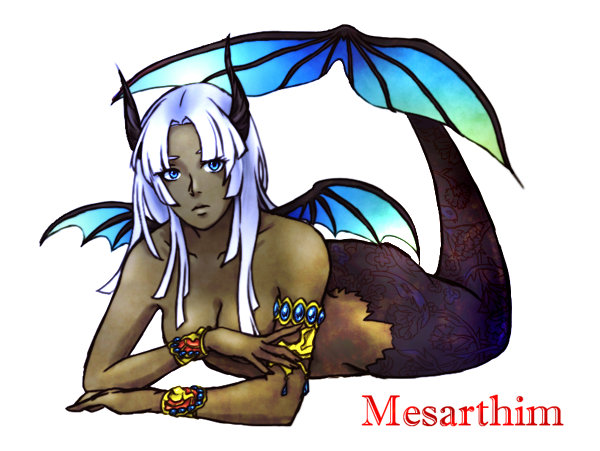 1girl armband bracelet breasts cleavage closed_mouth commentary_request coral covering_nipples dark_skin jewelry long_hair looking_at_viewer mermaid mesarthim monster_girl saga saga_frontier solo white_background