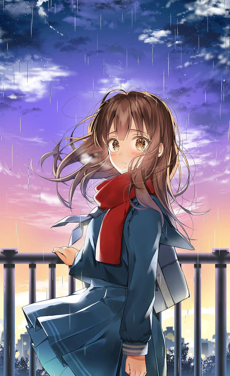 1girl antenna_hair arm_at_side bag bangs blue_neckwear blue_sailor_collar blue_shirt blue_skirt blush breath brown_eyes brown_hair cityscape clouds commentary_request cowboy_shot eyebrows_visible_through_hair floating_hair from_side gradient_sky h_shai hand_on_railing highres long_hair long_sleeves looking_at_viewer looking_to_the_side medium_skirt neckerchief original outdoors parted_lips pleated_skirt railing rain red_scarf sailor_collar scarf school_bag school_uniform serafuku shirt skirt skirt_lift sky solo wind wind_lift