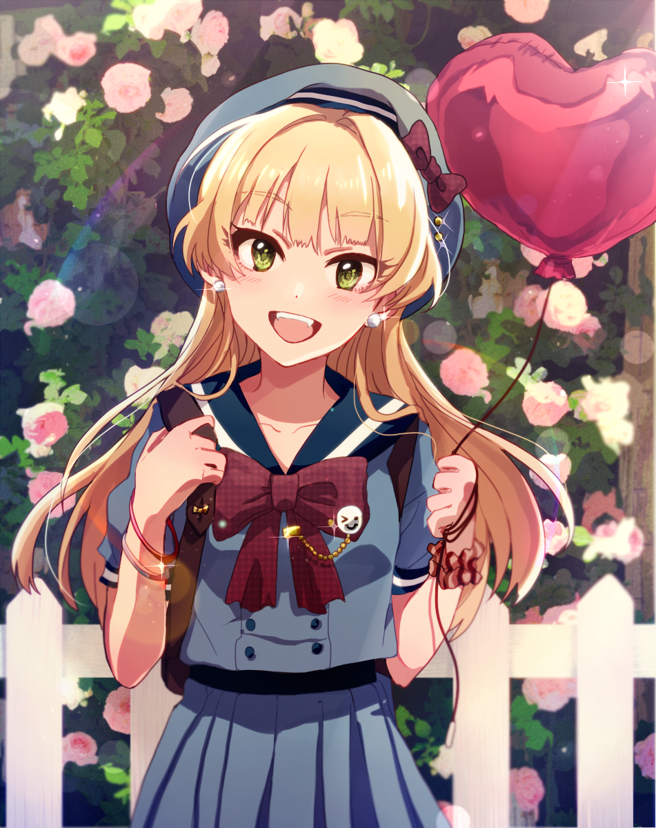 1girl :d anaroguya blonde_hair bow bowtie bracelet collarbone day earrings eyebrows_visible_through_hair floating_hair flower green_eyes grey_hat grey_shirt grey_skirt hat hat_bow head_tilt heart_balloon highres holding_balloon idolmaster idolmaster_cinderella_girls jewelry jougasaki_rika lens_flare long_hair looking_at_viewer miniskirt open_mouth outdoors pink_flower pleated_skirt red_bow sailor_collar school_uniform shiny shiny_hair shirt short_sleeves skirt smile solo sparkle standing wrist_cuffs