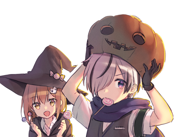 2girls arms_up bangs black_gloves black_jacket brown_hat candy collared_shirt commentary_request eyebrows_visible_through_hair food food_in_mouth gloves hair_between_eyes hair_over_one_eye hat holding holding_food holding_lollipop jack-o'-lantern jacket lollipop midorikawa_you mouth_hold multiple_girls original pumpkin_hat purple_hair shirt short_sleeves simple_background sweater_vest swirl_lollipop upper_body v-shaped_eyebrows violet_eyes white_background white_shirt witch_hat