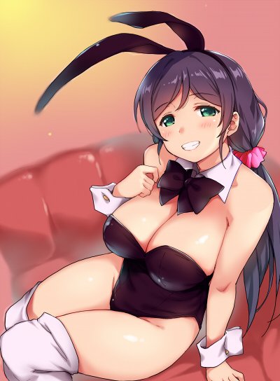 1girl animal_ears black_leotard black_neckwear blush bow bowtie breasts bunnysuit cleavage couch detached_collar deyuuku eyebrows_visible_through_hair grin hair_ornament hair_scrunchie hairband hand_on_own_chest large_breasts leotard long_hair looking_at_viewer love_live! love_live!_school_idol_project over-kneehighs pink_scrunchie rabbit_ears scrunchie sitting smile solo strapless strapless_leotard thigh-highs toujou_nozomi twintails white_legwear wrist_cuffs