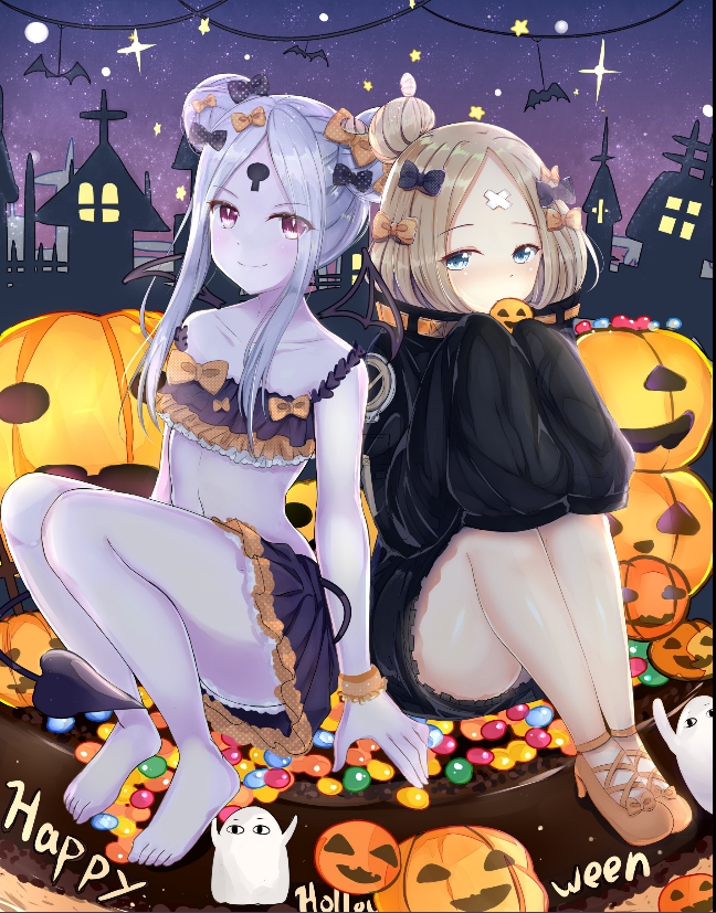 2girls abigail_williams_(fate/grand_order) bangs barefoot bikini bikini_skirt black_bikini black_bow black_jacket blonde_hair blue_eyes blush bow brown_footwear candy closed_mouth collarbone commentary_request covered_mouth demon_tail dual_persona emerald_float fate/grand_order fate_(series) food hair_bow hair_bun halloween happy_halloween heroic_spirit_traveling_outfit high_heels jack-o'-lantern jacket keyhole long_hair long_sleeves lydia601304 medjed multiple_girls navel night night_sky object_hug orange_bow pale_skin parted_bangs polka_dot polka_dot_bow red_eyes shoes silver_hair sky sleeves_past_fingers sleeves_past_wrists smile sparkle star_(sky) starry_sky stuffed_animal stuffed_toy swimsuit tail teddy_bear
