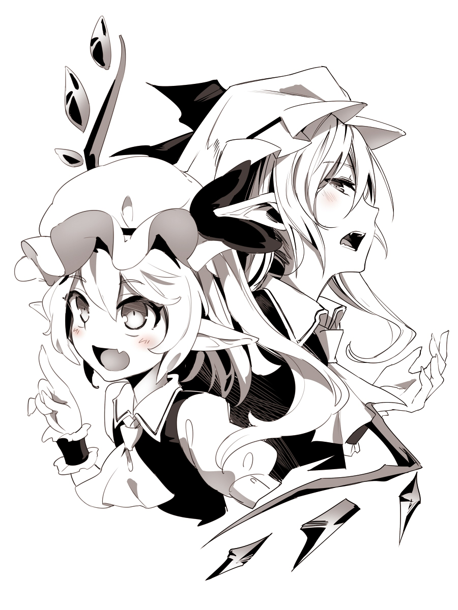 2girls :d ascot asutora bangs blush commentary_request cropped_torso crystal eyebrows_visible_through_hair fang flandre_scarlet from_side greyscale hair_between_eyes hat hat_ribbon highres index_finger_raised long_hair looking_at_viewer looking_up mob_cap monochrome multiple_girls one_side_up open_mouth pointy_ears profile puffy_short_sleeves puffy_sleeves remilia_scarlet ribbon shirt short_hair short_sleeves siblings simple_background sisters smile spot_color touhou upper_body vest white_background wing_collar wings wrist_cuffs