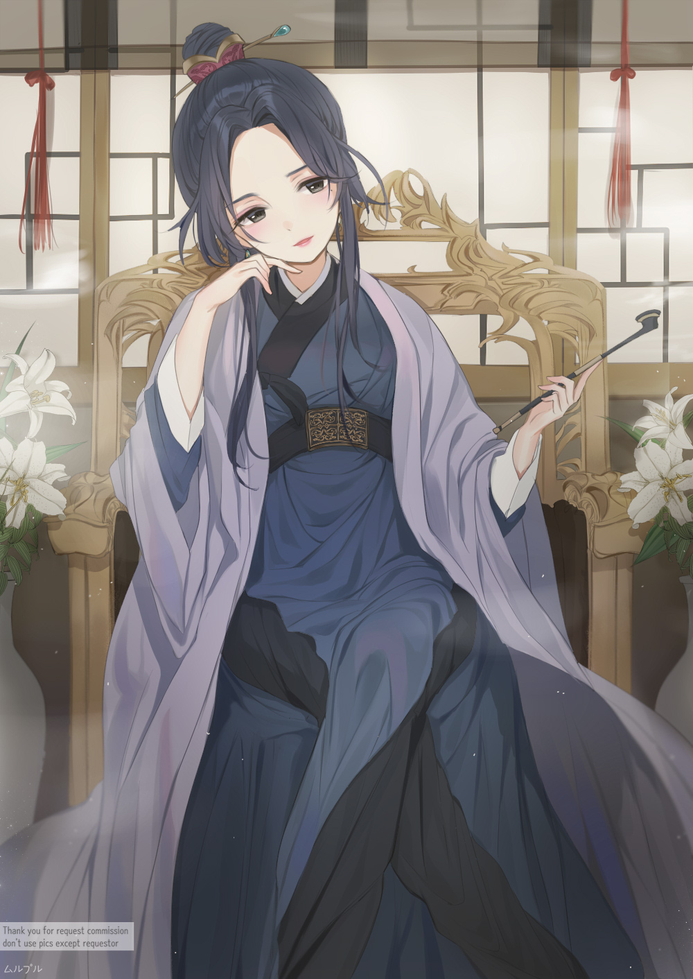 1girl armchair bangs black_hair blue_kimono blush chair commission flower forehead hair_bun hair_ornament hand_up haori head_tilt highres holding holding_pipe indoors japanese_clothes kimono kiseru legs_crossed long_sleeves mullpull original parted_bangs parted_lips pipe sidelocks sitting smile smoke solo watermark white_flower wide_sleeves