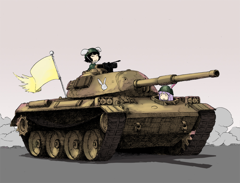 2girls :| animal_ears black_hair bunny_symbol closed_eyes closed_mouth commentary_request day expressionless flag green_helmet ground_vehicle helmet inaba_tewi lavender_hair maruhachi_(maruhachi_record) military military_vehicle motor_vehicle multiple_girls outdoors rabbit_ears reisen_udongein_inaba short_hair smile sunlight tank touhou
