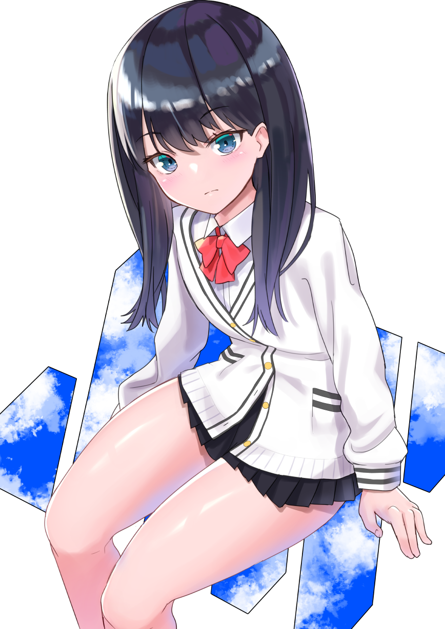 1girl bangs black_hair black_skirt blue_eyes blue_sky blush bow cardigan closed_mouth clouds cloudy_sky collared_shirt commentary_request day eyebrows_visible_through_hair feet_out_of_frame fingernails hair_between_eyes head_tilt highres long_hair long_sleeves looking_at_viewer miniskirt pleated_skirt red_bow school_uniform shirt sitting skirt sky sleeves_past_wrists solo ssss.gridman takarada_rikka templus thighs white_background white_cardigan white_shirt