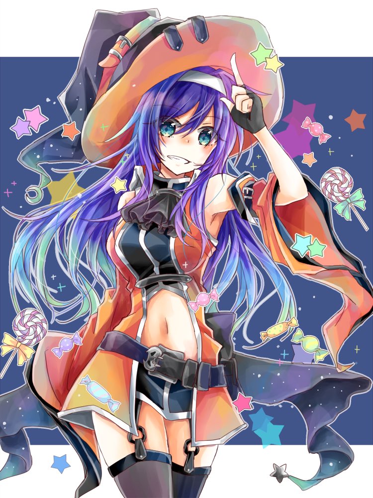 1girl belt black_gloves blue_hair candy detached_sleeves fingerless_gloves fire_emblem fire_emblem:_souen_no_kiseki fire_emblem_heroes food garter_straps gloves green_eyes grin halloween_costume hat headband lollipop long_hair navel navel_cutout nintendo smile solo wayu_(fire_emblem) white_headband witch_hat yuyu_(spika)