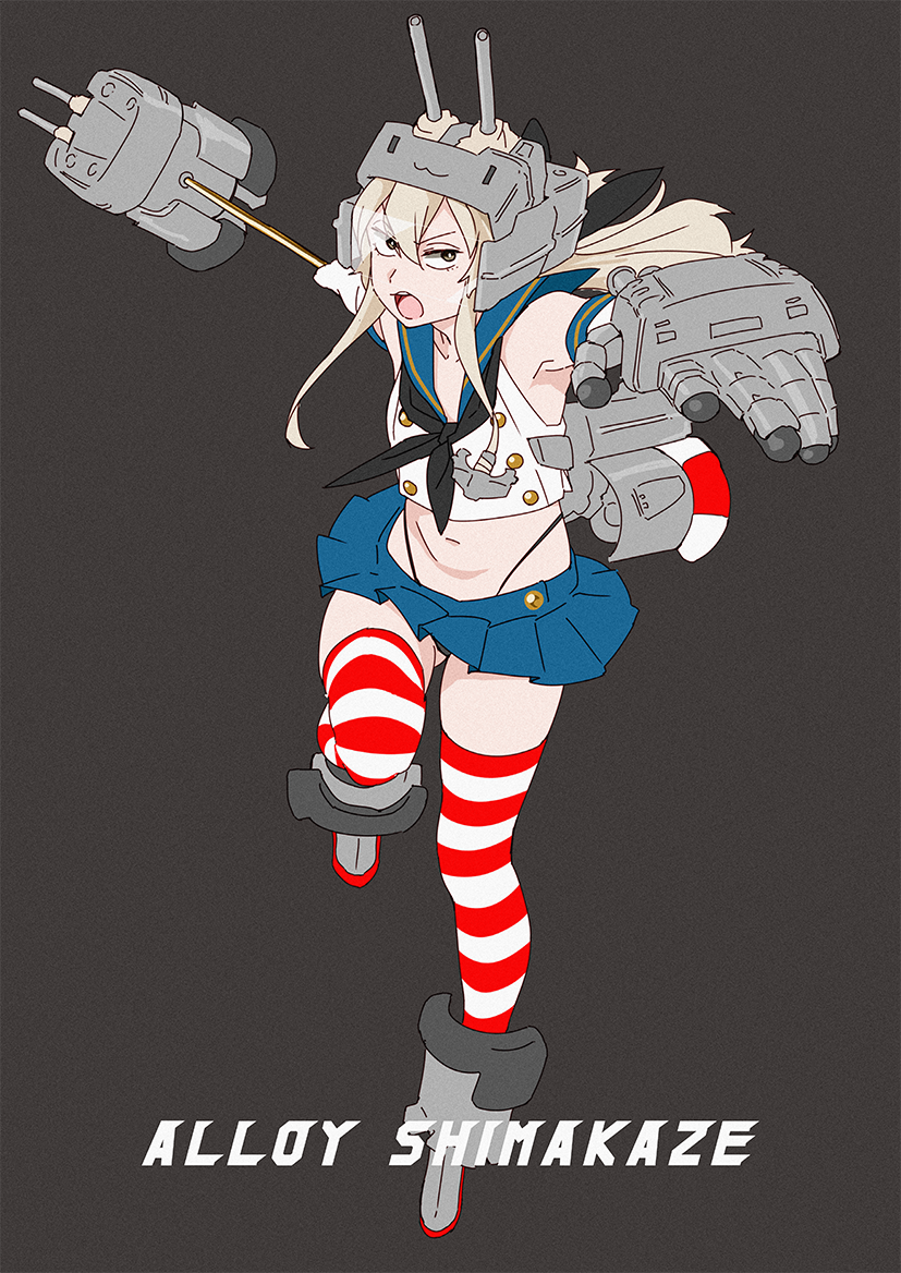 1girl adapted_costume anchor_hair_ornament black_panties blonde_hair blue_sailor_collar blue_skirt character_name commentary_request cosplay crop_top elbow_gloves full_body gloves grey_background grey_eyes hair_ornament headset helmet highleg highleg_panties kantai_collection long_hair microskirt miniskirt ojipon open_mouth panties pleated_skirt rensouhou-chan rensouhou-chan_(cosplay) sailor_collar sailor_shirt shimakaze_(kantai_collection) shirt simple_background skirt solo striped striped_legwear thigh-highs underwear white_gloves