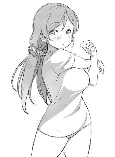 1girl blush breasts clenched_hand cowboy_shot deyuuku expressionless eyebrows_visible_through_hair greyscale large_breasts long_hair love_live! love_live!_school_idol_project monochrome no_pants scrunchie shirt short_sleeves simple_background solo stretch toujou_nozomi twintails white_background