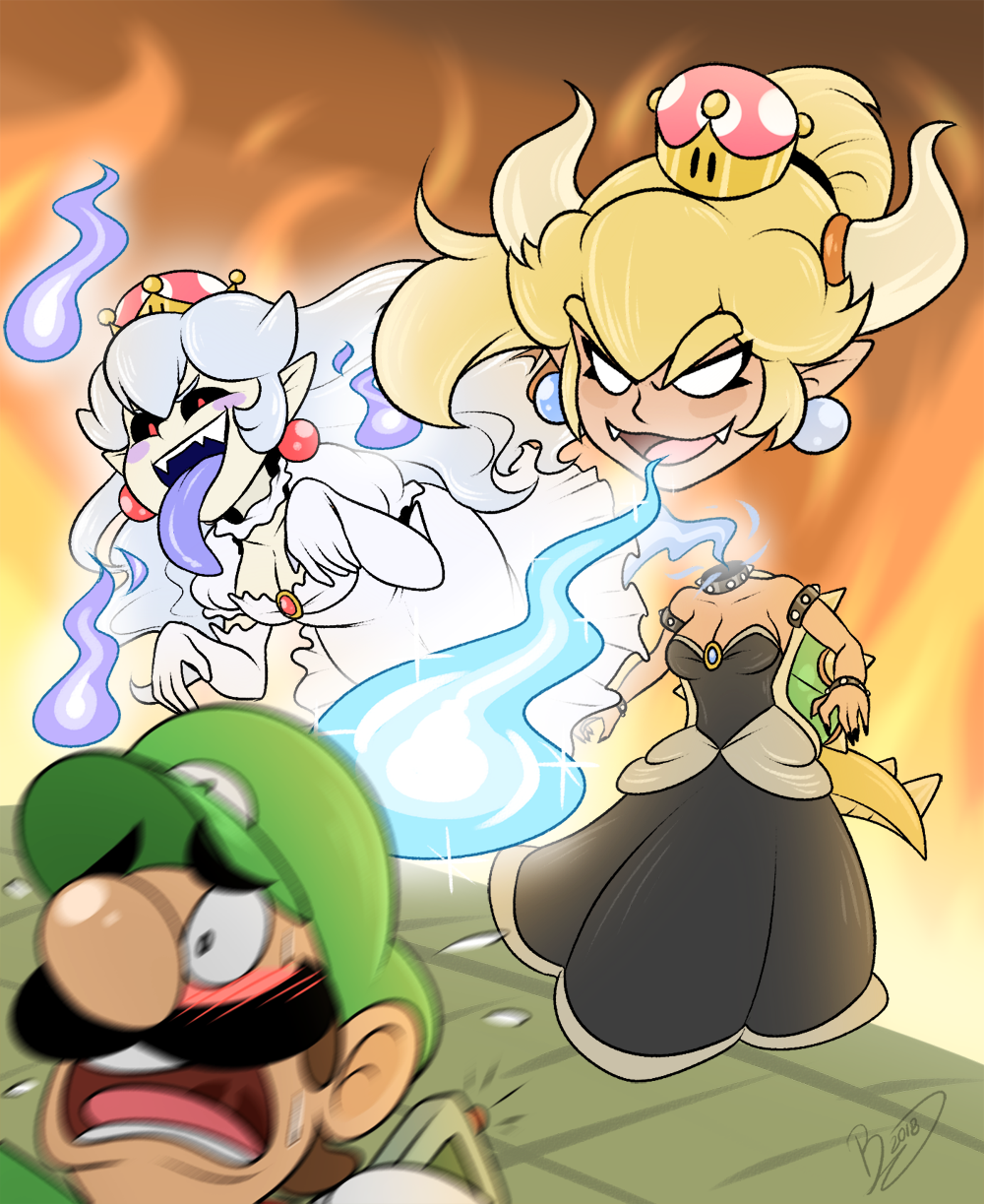 1boy 2girls bare_shoulders black_collar black_dress black_nails black_sclera blank_eyes blonde_hair bowsette bracelet breasts brooch cleavage collar crown disembodied_head dress earrings elbow_gloves fangs fingernails frilled_collar frills ghost_pose gloves hat highres horns jewelry long_hair long_tongue luigi luigi's_mansion super_mario_bros. multiple_girls nail_polish new_super_mario_bros._u_deluxe nintendo pale_skin pointy_ears ponytail princess_king_boo puffy_short_sleeves puffy_sleeves red_eyes scared sharp_fingernails sharp_teeth short_sleeves spiked_armlet spiked_bracelet spiked_collar spiked_shell spiked_tail spikes strapless strapless_dress super_crown super_mario_bros. sweatdrop tail teeth tongue tongue_out turtle_shell white_dress white_gloves white_hair zieghost