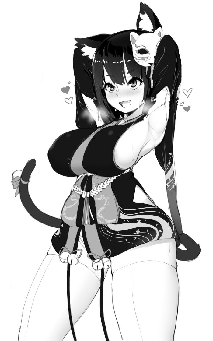 1girl animal_ears armpits arms_up azur_lane bangs bell blush breasts cat_ears cat_mask cat_tail commentary cowboy_shot eyebrows_visible_through_hair fang greyscale heart heavy_breathing japanese_clothes jingle_bell kimono large_breasts magister_(medical_whiskey) mask mask_on_head monochrome no_bra panties ribbon short_eyebrows short_hair short_kimono sideboob solo standing sweat tail tail_bell tail_ribbon thigh-highs thighs underwear wide_sleeves yamashiro_(azur_lane) zettai_ryouiki