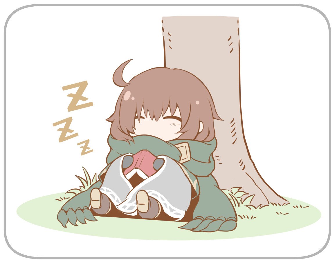 1boy boots brown_hair cape chibi closed_eyes commentary_request fire_emblem fire_emblem:_rekka_no_ken full_body gloves holding nakabayashi_zun nintendo resting scarf short_hair sleeping solo tactician_(fire_emblem) tree zzz