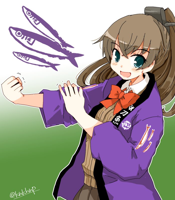 blue_eyes brown_hair brown_skirt cardigan clenched_hand commentary_request cowboy_shot fish gradient gradient_background green_background happi japanese_clothes kanoe_soushi kantai_collection kumano_(kantai_collection) long_hair pleated_skirt ponytail saury school_uniform skirt trembling white_background