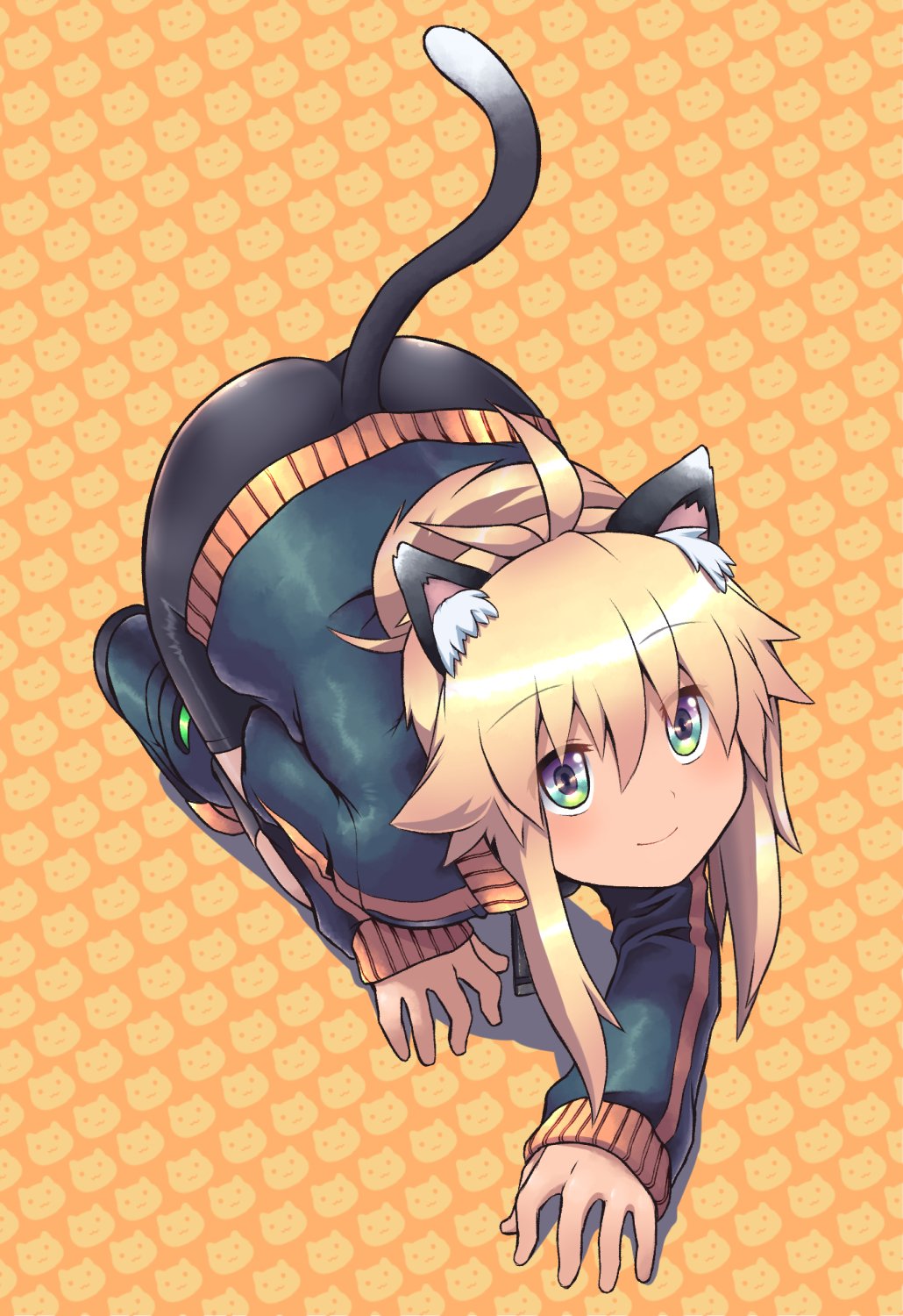 1girl all_fours animal_ears animal_print ass bike_shorts blonde_hair blush cat_ears cat_print cat_tail green_eyes highres jacket koshirae_tsurugi long_hair m.m original ponytail shorts smile solo tail track_jacket