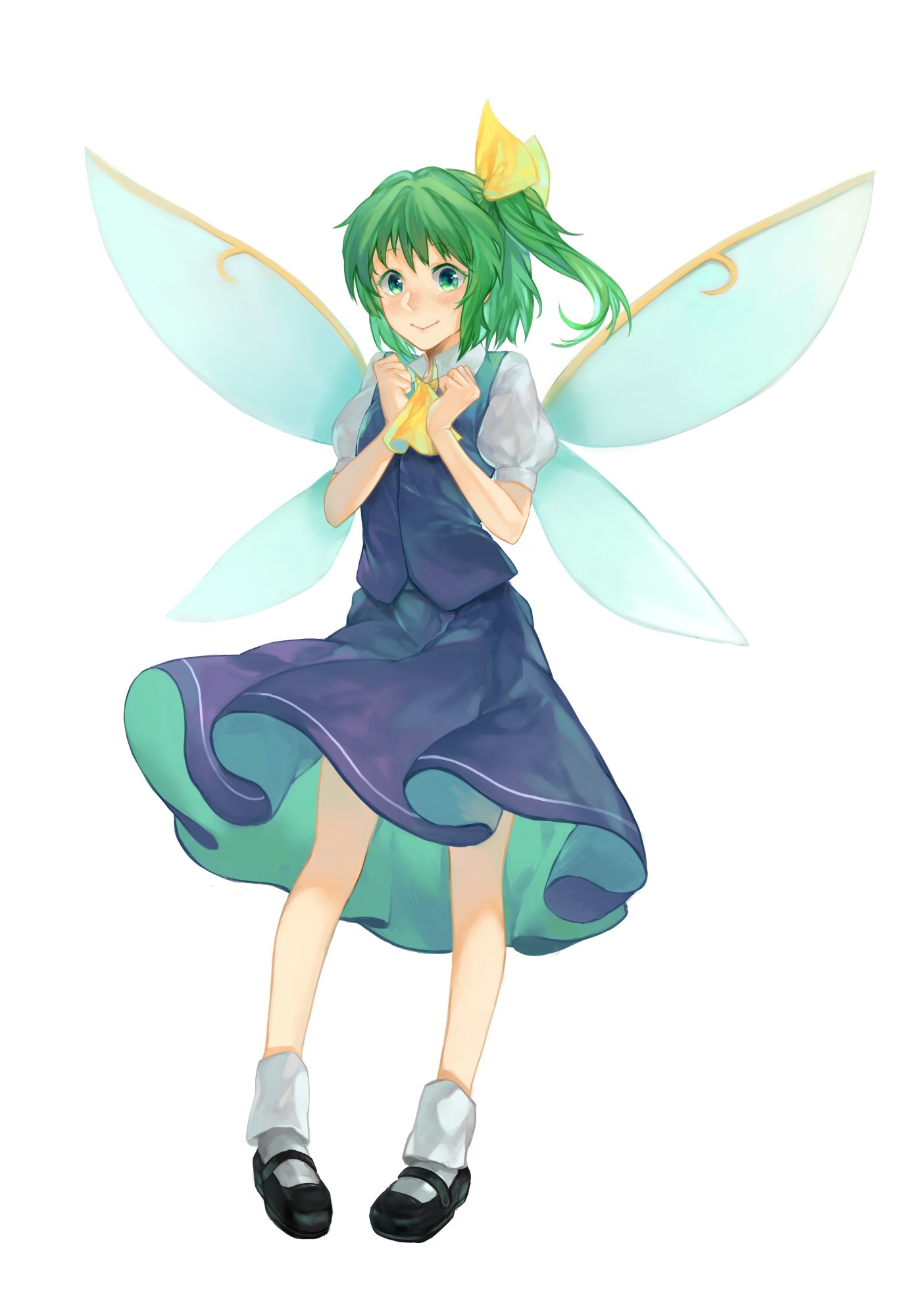 1girl ascot bangs black_footwear blue_skirt blue_vest blush bobby_socks clenched_hands closed_mouth collared_shirt commentary daiyousei fairy_wings full_body green_eyes green_hair hair_ribbon highres looking_at_viewer mary_janes medium_hair one_side_up pigeon-toed puffy_short_sleeves puffy_sleeves ribbon shidaccc shirt shoes short_sleeves simple_background skirt skirt_set smile socks solo standing touhou vest white_background wings yellow_neckwear yellow_ribbon