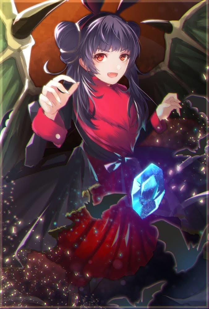 1girl animal_ears bat bat_ears dragon_wings dress fake_animal_ears fang fire_emblem fire_emblem:_seima_no_kouseki fire_emblem_heroes fur_trim halloween_costume long_sleeves machi_wt mamkute multi-tied_hair myrrh nintendo open_mouth purple_hair red_eyes solo stone twintails wings