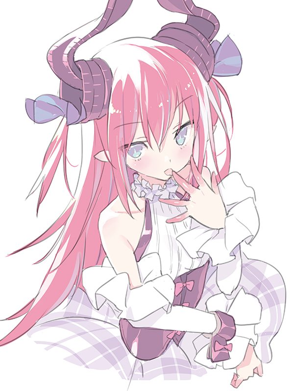 bangs bare_shoulders blade_(galaxist) blue_eyes blue_ribbon blush bow breasts collarbone commentary_request curled_horns detached_sleeves dragon_horns elizabeth_bathory_(fate) elizabeth_bathory_(fate)_(all) eyebrows_visible_through_hair fate_(series) finger_licking grey_skirt hair_between_eyes hair_ribbon hand_up horns licking long_hair long_sleeves looking_at_viewer pink_bow pink_hair plaid plaid_skirt pointy_ears ribbed_shirt ribbon rojiura_satsuki:_chapter_heroine_sanctuary shirt sidelocks skirt small_breasts tongue tongue_out two_side_up underbust very_long_hair white_shirt