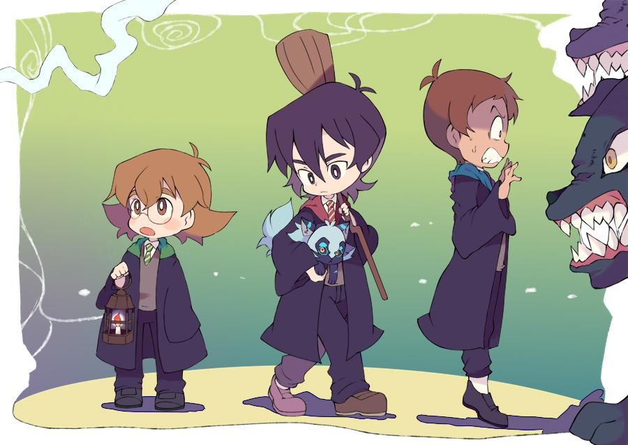 1girl 2boys black_hair broom brown_hair clenched_teeth dark_skin dark_skinned_male glasses harry_potter hogwarts_school_uniform keith_(voltron) kosmo lance_(voltron) lantern miyata_(lhr) multiple_boys necktie open_mouth pidge_gunderson robe school_uniform sharp_teeth teeth voltron:_legendary_defender wolf