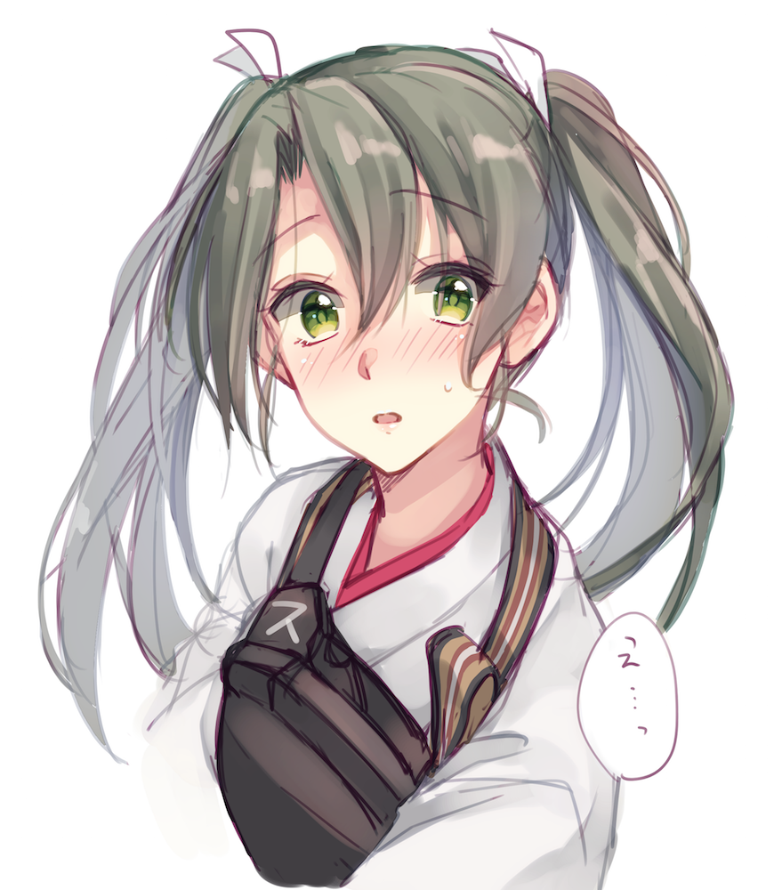 1girl 916200 blush breastplate eyebrows_visible_through_hair floating_hair green_eyes green_hair hair_between_eyes hair_ribbon japanese_clothes kantai_collection kimono long_hair looking_at_viewer open_mouth ribbon simple_background sketch solo speech_bubble sweatdrop twintails upper_body white_background white_kimono white_ribbon zuikaku_(kantai_collection)