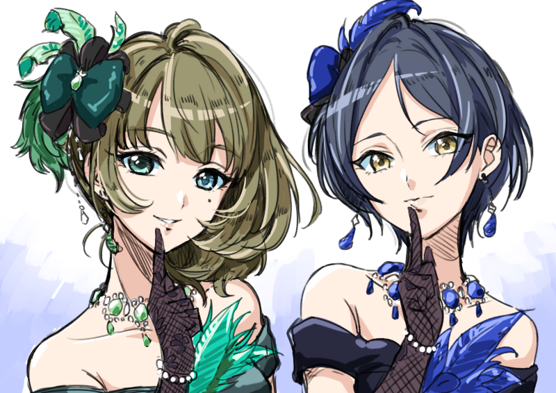 2girls bangs black_gloves black_hair blue_eyes blue_feathers bow brown_hair collarbone earrings elbow_gloves eyebrows_visible_through_hair feathers finger_to_mouth gloves green_bow green_eyes green_feathers hair_between_eyes hair_bow hair_feathers hayami_kanade heterochromia idolmaster idolmaster_cinderella_girls index_finger_raised jewelry looking_at_viewer mole mole_under_eye multiple_girls necklace parted_bangs shiny shiny_hair short_hair sketch takagaki_kaede tsukikage_oyama upper_body white_background yellow_eyes