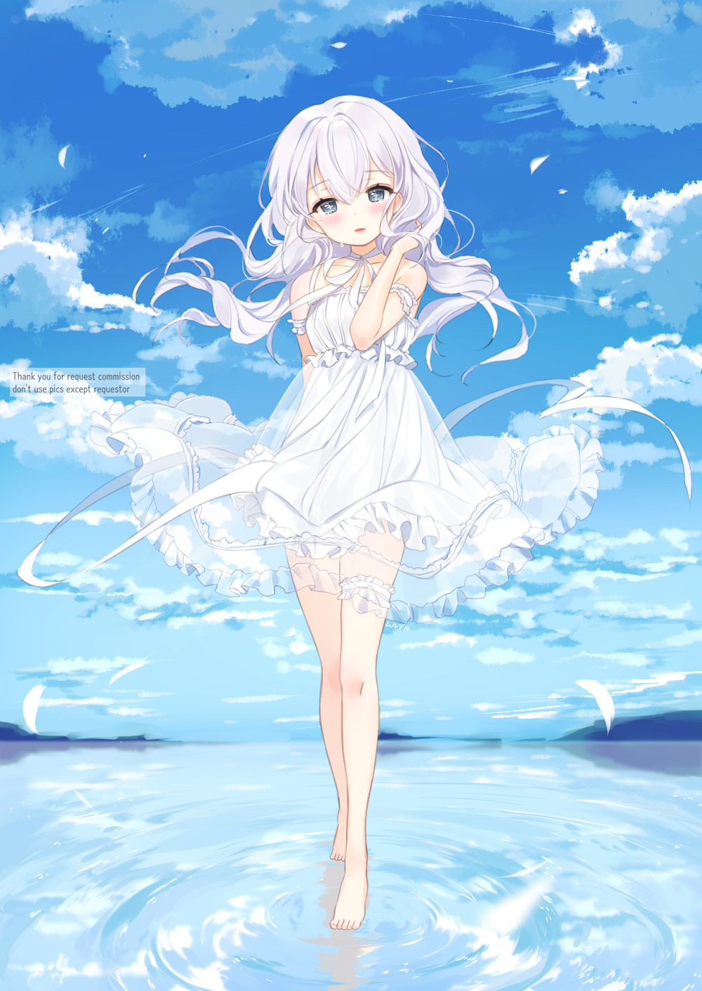 1girl bangs bare_shoulders barefoot blue_eyes blue_sky blush clouds cloudy_sky commission day dress eyebrows_visible_through_hair frilled_dress frills hair_between_eyes hand_in_hair hand_up head_tilt highres horizon long_hair mullpull ocean original outdoors parted_lips petals ripples see-through silver_hair sky sleeveless sleeveless_dress solo toenails very_long_hair water watermark white_dress