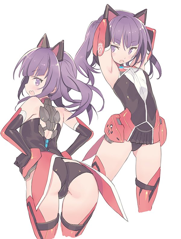 1girl alice_gear_aegis animal_ears armpits arms_up ass bangs bare_shoulders black_gloves black_leotard blade_(galaxist) blush cat_ears commentary_request elbow_gloves eyebrows_visible_through_hair fang gloves hair_between_eyes hands_on_hips ichijou_ayaka leaning_forward leotard long_hair looking_at_viewer multiple_views open_mouth profile purple_hair red_legwear simple_background thigh-highs twintails violet_eyes white_background