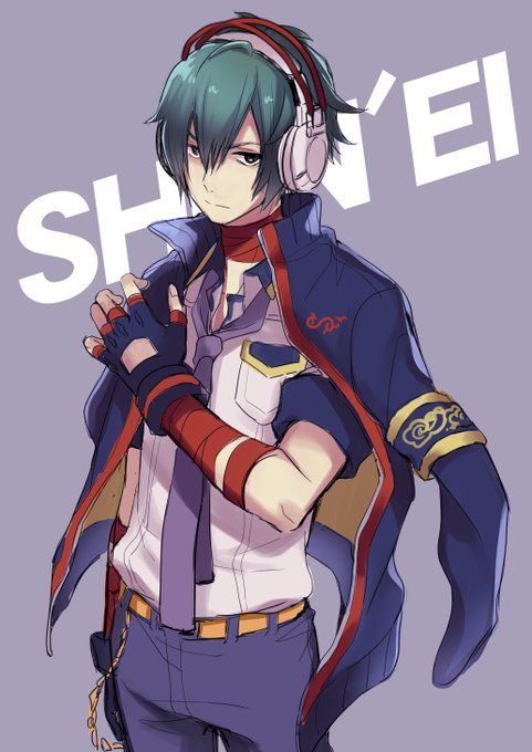 1boy capelet character_name fingerless_gloves gloves green_hair headphones male_focus necktie red_eyes resizing_artifacts shun'ei simple_background solo the_king_of_fighters the_king_of_fighters_xiv white_background