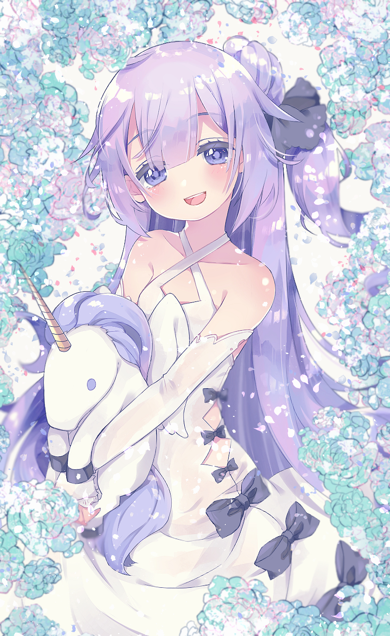 1girl :d ahoge azur_lane blurry commentary_request depth_of_field detached_sleeves doll_hug dress floral_background flower hair_bun highres long_hair looking_at_viewer one_side_up open_mouth pikomarie purple_hair rose smile solo stuffed_unicorn unicorn_(azur_lane) violet_eyes white_dress