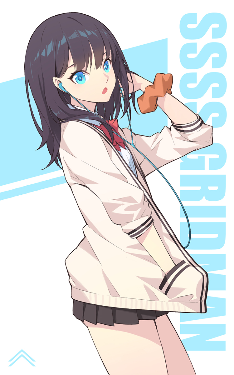 1girl black_skirt blue_eyes bow brown_hair cardigan collared_shirt copyright_name earphones earphones hand_in_pocket hand_up head_tilt highres long_hair long_sleeves miniskirt nian open_mouth orange_scrunchie pleated_skirt red_bow scrunchie shirt skirt solo ssss.gridman takarada_rikka white_cardigan white_shirt wrist_scrunchie