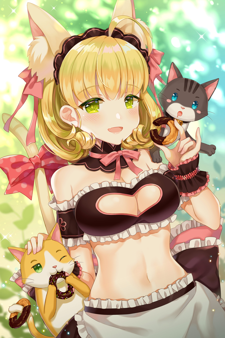 1girl animal_ears blonde_hair blush bow breasts cat cat_ears cat_tail cleavage cleavage_cutout curly_hair eyebrows_visible_through_hair green_eyes hair_bow headdress houchi_shoujo large_breasts looking_at_viewer naomi_(fantasia) navel open_mouth pink_bow red_bow short_hair smile solo tail tail_bow