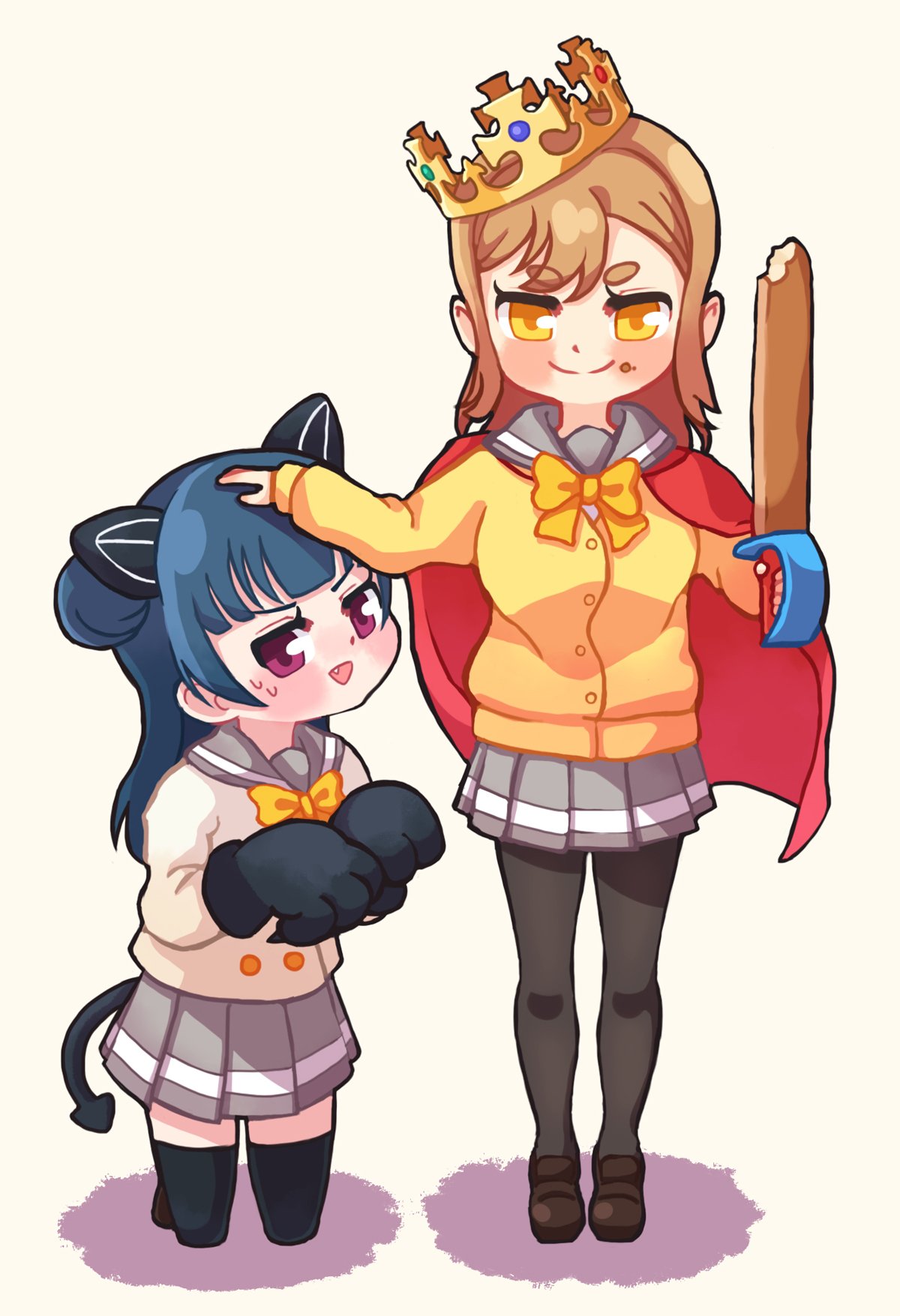 &gt;:) 2girls animal_ears baguette bite_mark black_footwear black_legwear blue_hair blush bow bowtie bread brown_hair cape cat_ears commentary_request demon_tail dodapan double-breasted fang food food_on_face full_body gloves grey_skirt halloween_costume hand_on_another's_head highres holding holding_sword holding_weapon kneeling korean_commentary kunikida_hanamaru looking_at_viewer love_live! love_live!_sunshine!! miniskirt multiple_girls open_mouth pantyhose paw_gloves paws pleated_skirt red_cape school_uniform serafuku shoes side_bun skirt standing sweatdrop sword tail thigh-highs tsushima_yoshiko uranohoshi_school_uniform violet_eyes weapon white_background yellow_cardigan yellow_eyes yellow_neckwear