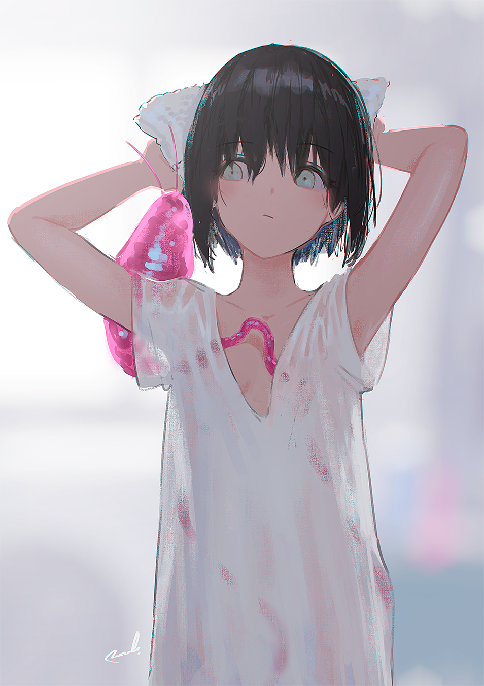 1girl aqua_eyes arms_up black_hair blurry blurry_background closed_mouth consensual_tentacles drying drying_hair highres looking_to_the_side original reoen see-through short_hair signature simple_background solo standing tentacle tentacles towel