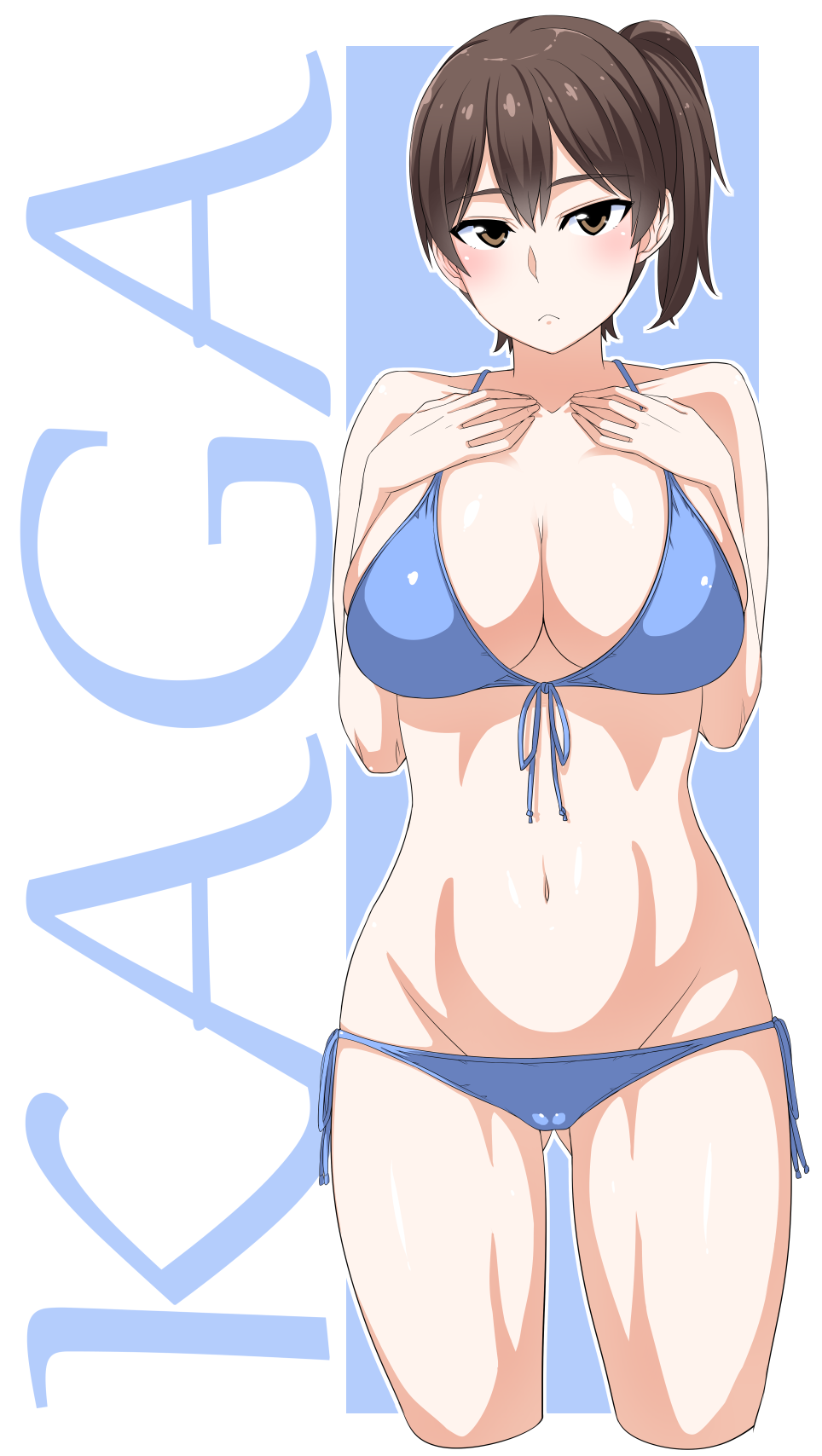 1girl :&lt; bangs bikini blue_bikini blush breasts brown_eyes brown_hair character_name cleavage closed_mouth commentary_request cowboy_shot front-tie_bikini front-tie_top frown gluteal_fold hands_on_own_chest highres igarashi_(igarashi_346) kaga_(kantai_collection) kantai_collection large_breasts long_hair looking_at_viewer lowleg lowleg_bikini navel partial_commentary side-tie_bikini side_ponytail solo standing swimsuit thighs