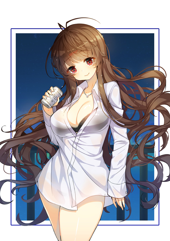 1girl beer_can black_bra blush bra breasts brown_hair can cleavage closed_mouth clouds collared_shirt commentary_request cowboy_shot dress_shirt dsr-50_(girls_frontline) girls_frontline head_tilt holding holding_can jewelry long_hair long_sleeves medium_breasts night night_sky pendant railing red_eyes see-through_silhouette shirt sky sleeves_past_wrists smile solo standing tp_(kido_94) underwear very_long_hair white_background white_shirt