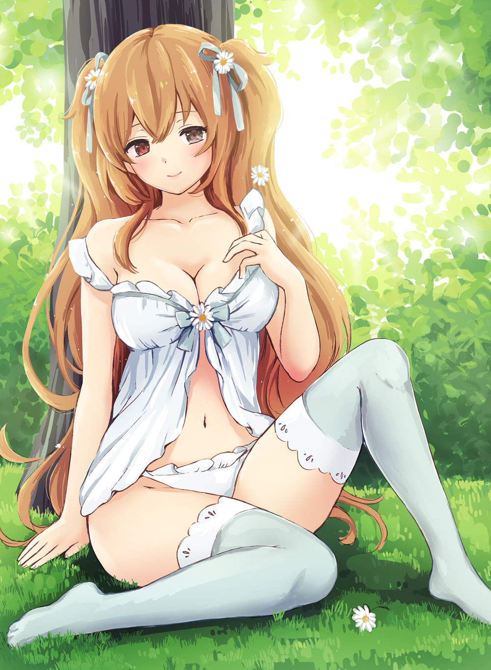 1girl alternate_costume babydoll bangs blonde_hair breasts brown_eyes cleavage collarbone commentary_request eyebrows_visible_through_hair flower grass hair_between_eyes hair_flower hair_ornament hair_ribbon hand_on_own_chest heterochromia highres kantai_collection large_breasts leg_up light_brown_hair long_hair looking_at_viewer murasame_(kantai_collection) nanashiki_fuuka navel outdoors panties red_eyes remodel_(kantai_collection) ribbon shirt sidelocks sitting smile solo thigh-highs tree underwear very_long_hair white_panties white_shirt