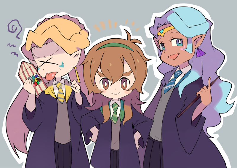 &gt;_&lt; 3girls :p bertie_bott's_every_flavour_beans blonde_hair blue_eyes box brown_eyes brown_hair dark_skin earrings facial_mark hands_on_hips harry_potter hogwarts_school_uniform jewelry miyata_(lhr) multiple_girls necktie pidge_gunderson pleated_skirt pointy_ears princess_allura robe romelle school_uniform skirt tongue tongue_out twintails v-shaped_eyebrows voltron:_legendary_defender wand white_hair