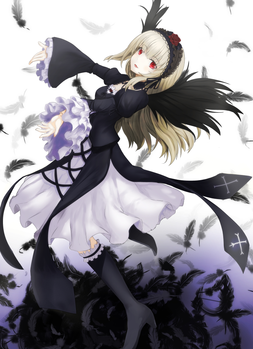 1girl bangs black_dress black_footwear black_wings boots breasts doll_joints dress eyebrows_visible_through_hair feathered_wings feathers gothic_lolita high_heel_boots high_heels juliet_sleeves knee_boots light_brown_hair lolita_fashion long_hair long_sleeves looking_at_viewer okina_(805197) open_mouth outstretched_arms puffy_sleeves red_eyes rozen_maiden small_breasts solo suigintou wings