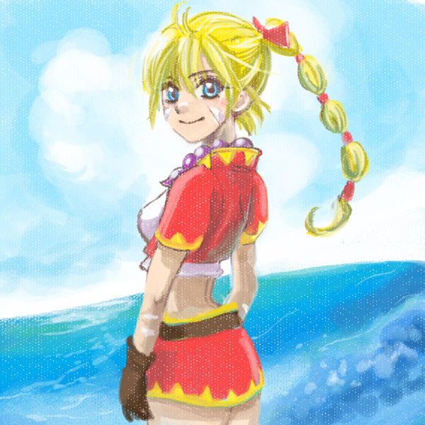 1girl bandage beads blonde_hair blue_eyes bow breasts brown_gloves chrono_cross closed_mouth commentary_request crop_top cropped_jacket gloves hair_bow hair_tie high_ponytail jewelry kanauta kid_(chrono_cross) long_hair looking_at_viewer midriff multi-tied_hair necklace ocean ponytail skirt smile solo vest