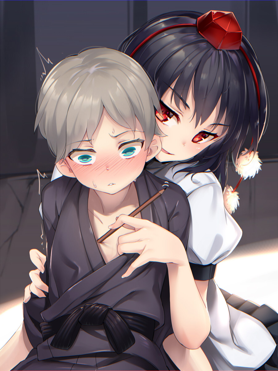 /\/\/\ 1boy 1girl age_difference asutora bangs behind_another black_hair black_kimono black_skirt blue_eyes blush collarbone commentary_request eyebrows_visible_through_hair grey_hair hat head_tilt highres japanese_clothes kimono long_sleeves nose_blush parted_lips pencil pleated_skirt pom_pom_(clothes) puffy_short_sleeves puffy_sleeves red_eyes revision sash shameimaru_aya shirt short_hair short_sleeves skirt smile sweat sweating_profusely tassel tokin_hat touhou upper_body v-shaped_eyebrows white_shirt you_gonna_get_raped