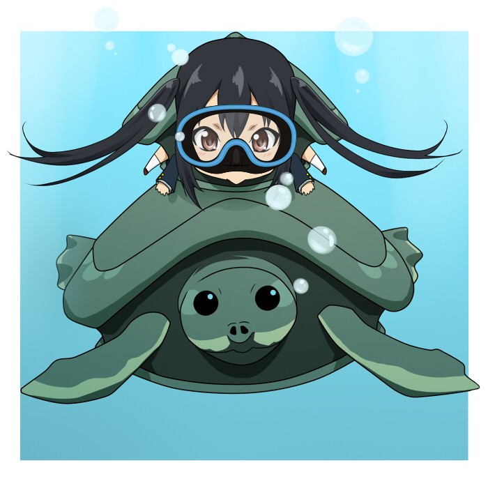 :&gt; air_bubble black_hair blush brown_eyes bubble chibi diving_mask diving_mask_on_eyes k-on! nakano_azusa school_uniform shell swimming ton-chan turtle twintails underwater