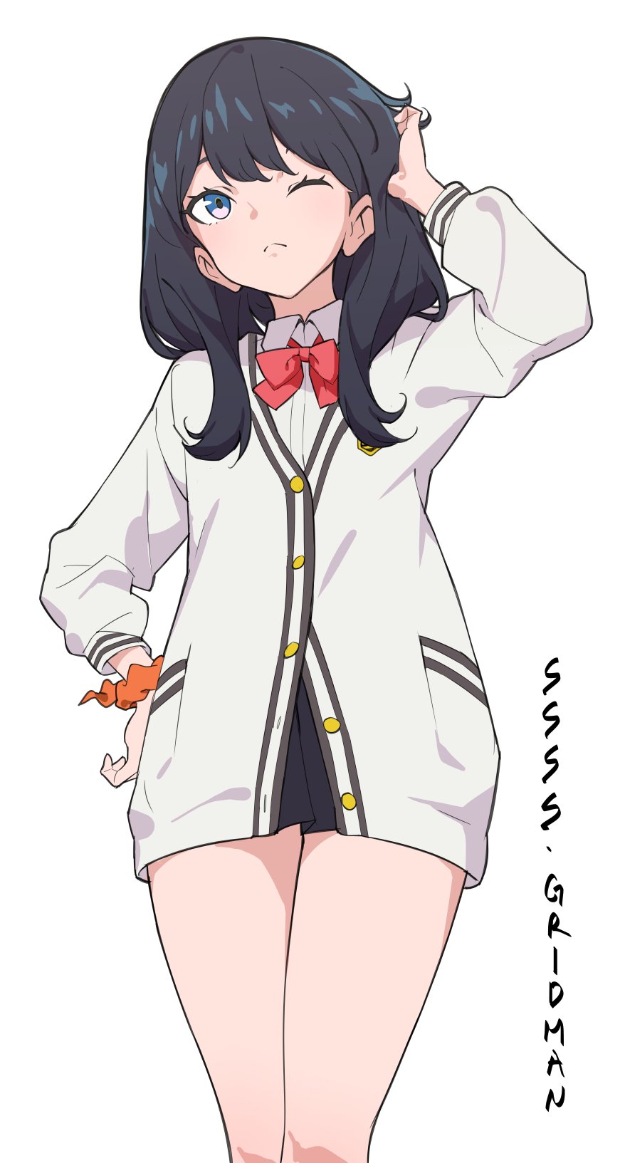 1girl adjusting_hair bangs black_hair blue_eyes cardigan cirnocchi highres long_hair long_sleeves one_eye_closed orange_scrunchie school_uniform scrunchie ssss.gridman takarada_rikka thighs wrist_scrunchie