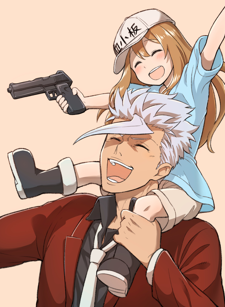 1boy 1girl :d baseball_cap blush boots brown_hair carrying closed_eyes clothes_writing crossover grey_hair gun gundam gundam_tekketsu_no_orphans hair_between_eyes hat hataraku_saibou laughing long_hair long_sleeves necktie open_mouth orga_itsuka otonari platelet_(hataraku_saibou) short_hair_with_long_locks shoulder_carry smile weapon