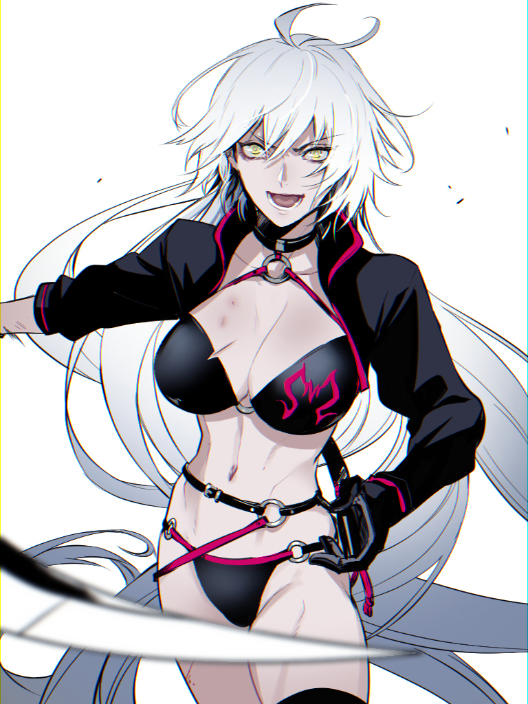 1girl :o ahoge black_bra black_collar black_gloves black_legwear bra breasts bruise character_request cleavage collar fate/grand_order fate_(series) gloves injury jeanne_d'arc_(alter_swimsuit_berserker) jeanne_d'arc_(fate)_(all) large_breasts long_hair looking_at_viewer navel o-ring open_mouth solo standing thigh-highs underwear very_long_hair white_hair yellow_eyes zuwai_kani