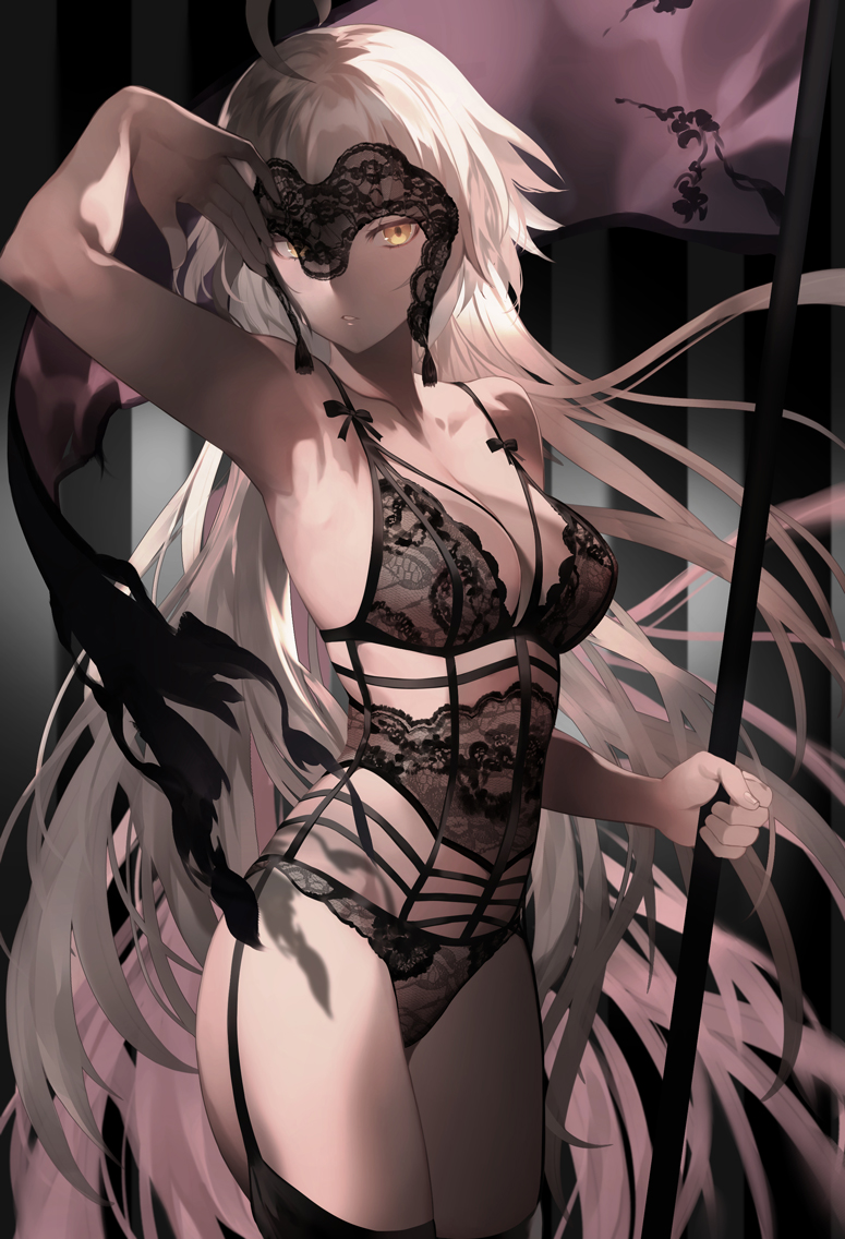 1girl ahoge armpits bangs banner breasts collarbone cowboy_shot eyebrows_visible_through_hair fate/grand_order fate_(series) flag garter_straps hair_between_eyes hand_up headpiece holding holding_flag jeanne_d'arc_(alter)_(fate) jeanne_d'arc_(fate)_(all) lace large_breasts lingerie long_hair looking_at_viewer medium_breasts open_mouth salmon88 shade sidelocks silver_hair solo thigh-highs underwear underwear_only very_long_hair yellow_eyes